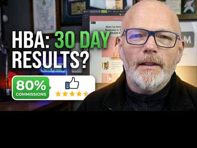 A YouTube video thumbnail if a man sat in an office smiling and the words HBA 30 day results 80% commissions